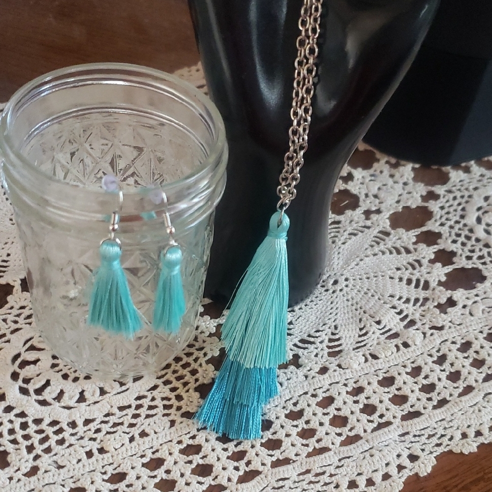 Elegant Turquoise Tassel Earrings & Necklace